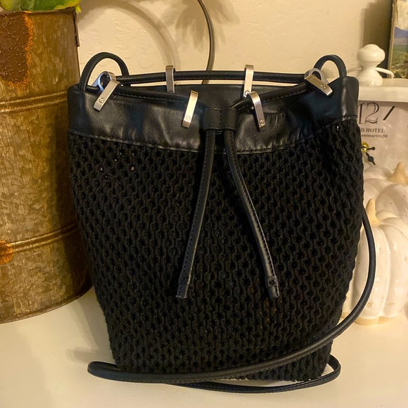Rag and Bone Black net Dayton drawstring bucket crossbody bag with leather trim - Picture 1 of 13